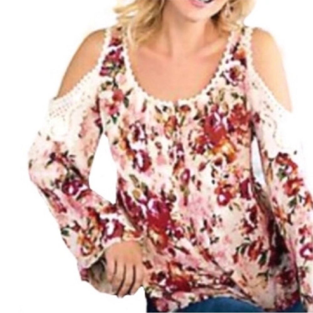 Soft Surroundings Floral Crochet Lace Cold Shoulder Top Petite Small - Picture 1 of 11